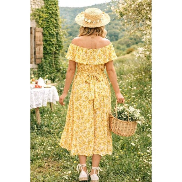 Michael Michael Kors Yellow Floral Pleated Midi Dress XL Boho Belted Summer - Picture 3 of 12